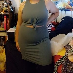 Front tie knot olive green tank dress